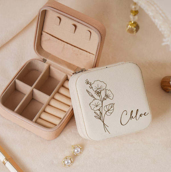 Jewelry Box Travel Case,Engraved Leather Jewelry box,Birth Flower Jewelry Travel Case,Birthday Gifts,Jewelry Organizer,Month Flower Gift