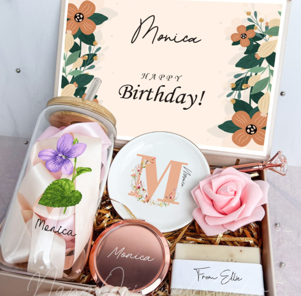 Unique Birthday Gift Box, Gift Box Set With Birth Month Flower Glass Cup, Friendship Gift Box, Holiday Basket for Her