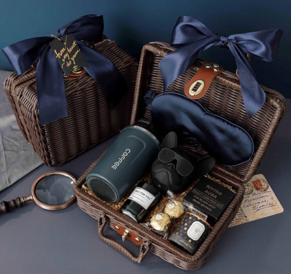Groomsman Gift Rattan Woven Basket, Blue Eye Mask Gift Box, Sleep Gift Box, Anniversary Gift Box For Men, Father's Day Gift